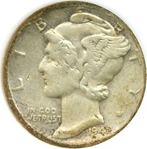 image for: 1942-D 10c D/D RPM-005 DGS XF40 (Cleaned, Damaged, Bent)
