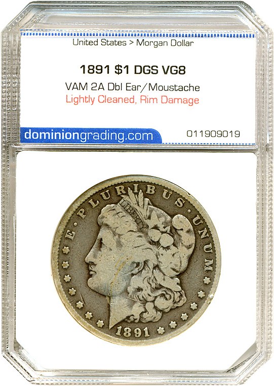 image for: Top 100 VAM: 1891 $1 VAM 2A Dbl Ear/Moustache DGS VG8  (Lightly Cleaned, Rim Damage)