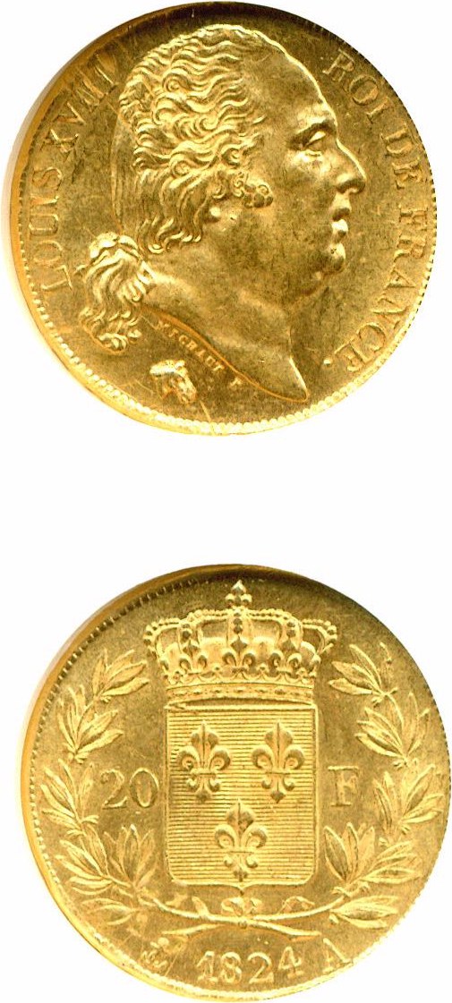 image for: France: 1824-A 20 Fr  NGC MS63 (KM-712.1)