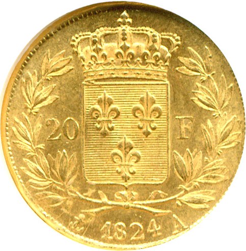 image for: France: 1824-A 20 Fr  NGC MS63 (KM-712.1)
