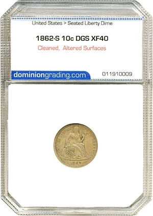 image for: 1862-S 10c DGS XF40 (Cleaned, Altered Surfaces )