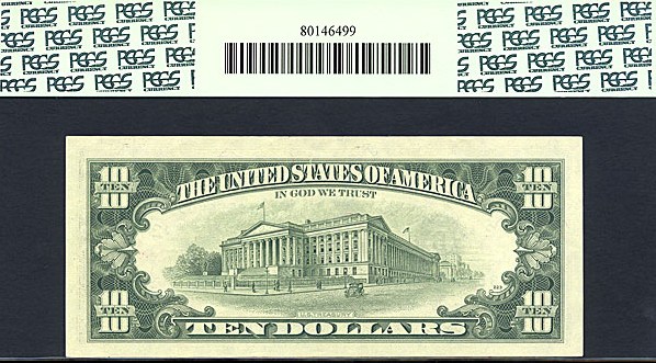 image for: Fr.2027B* 1985 $10 b. Dark green seal PCGS CU62  [B05564095E] *Error - Full Back to Face Offset