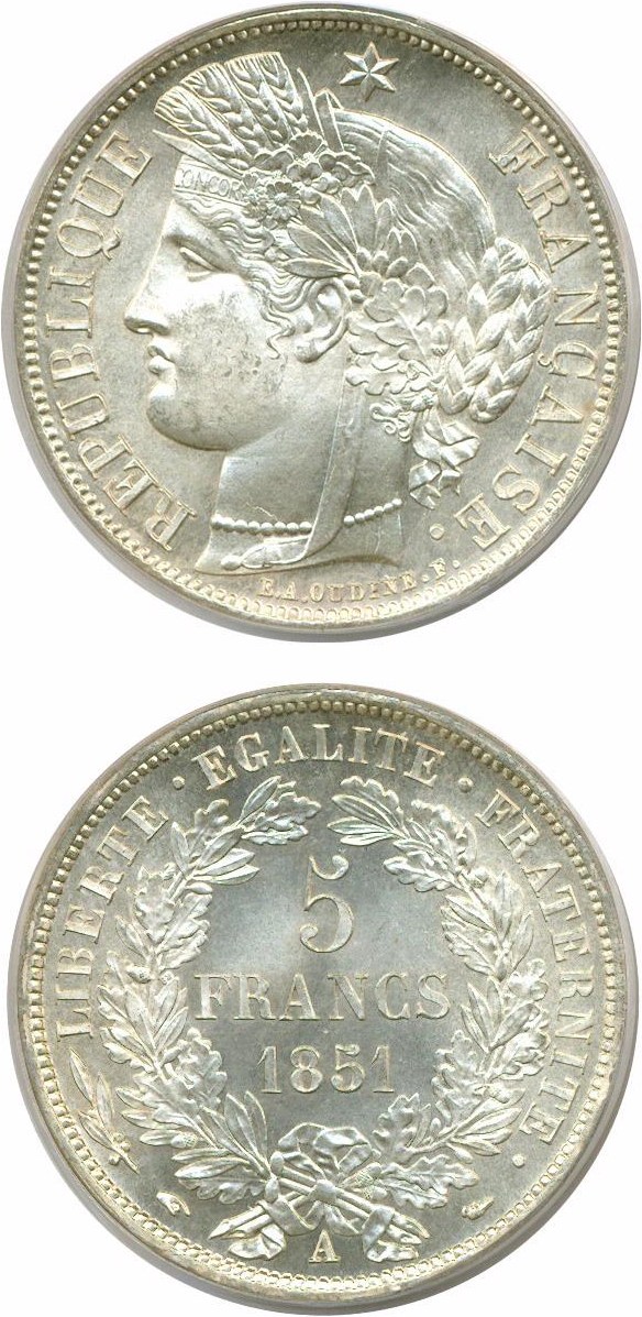 image for: France: 1851-A 5 Fr  PCGS MS64