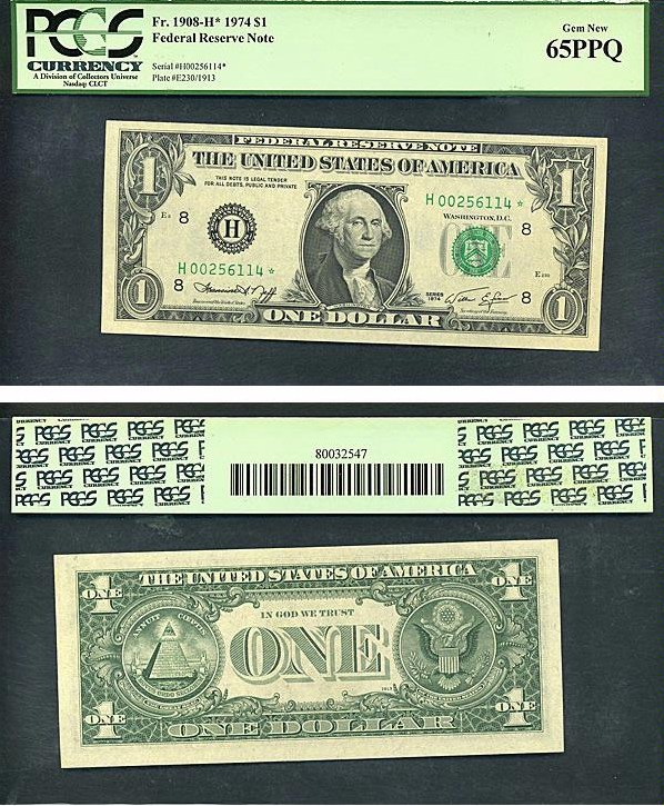 image for: Fr.1908H 1974 $1  PCGS Gem CU65 PPQ  [H00256114] *Star* 