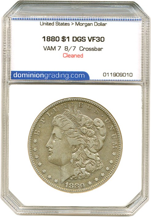 image for: Top 100 VAM: 1880 $1 VAM 7  8/7  Crossbar DGS VF30  (Cleaned)