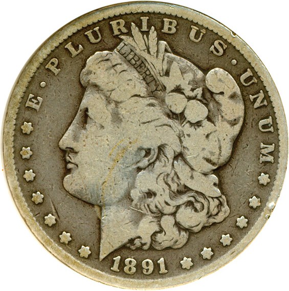 image for: Top 100 VAM: 1891 $1 VAM 2A Dbl Ear/Moustache DGS VG8  (Lightly Cleaned, Rim Damage)