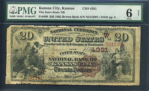 image for: Fr.498 1882 $20 2nd Charter Period, 1st Issue, Brown Back PMG Net G6 #4381 Kansas [N51529N] (Damage)