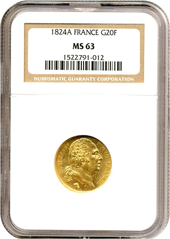 image for: France: 1824-A 20 Fr  NGC MS63 (KM-712.1)
