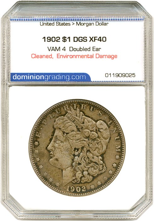 image for: Top 100 VAM: 1902 $1 VAM 4  Doubled Ear DGS XF40  (Cleaned,  Environmental Damage)