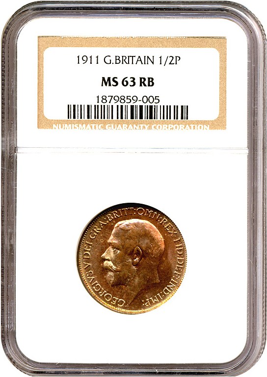 image for: Great Britain: 1911 1/2 D  NGC MS63 RB