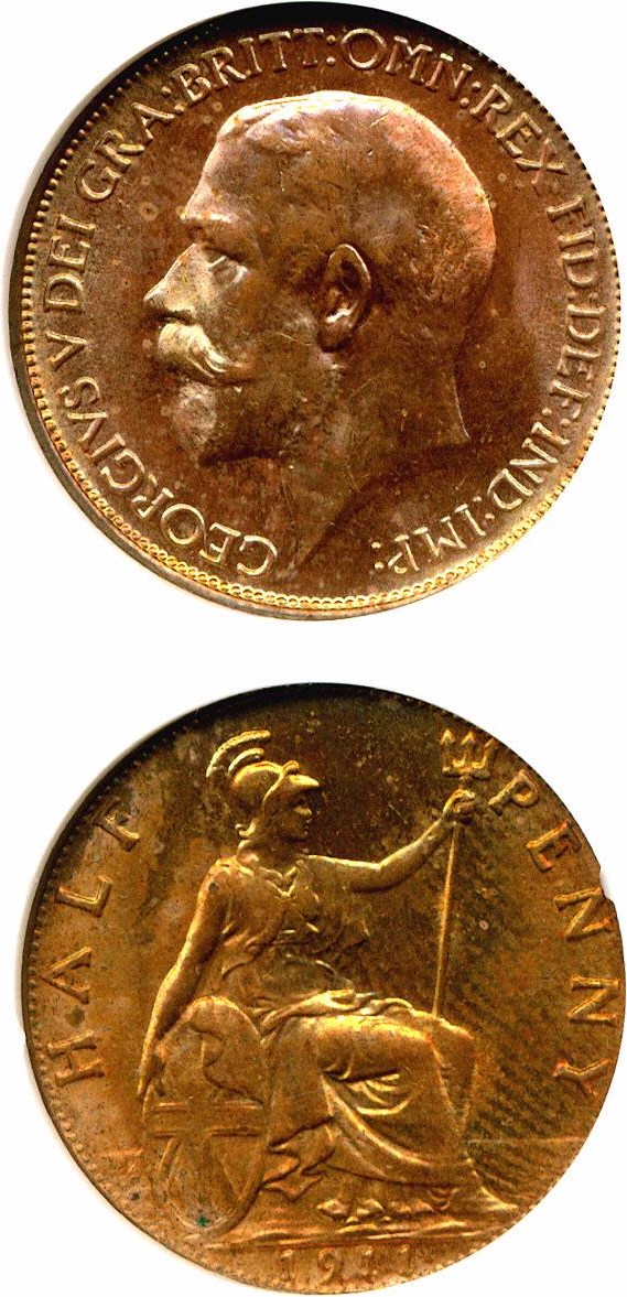 image for: Great Britain: 1911 1/2 D  NGC MS63 RB