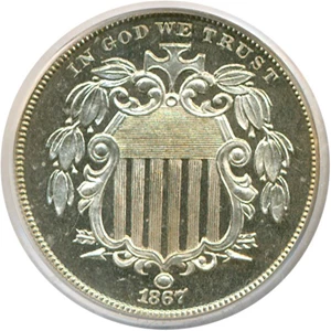 image for: 1867 5c No Rays PCGS Proof 65