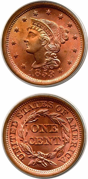 image for: 1853 1c PCGS MS66 RD