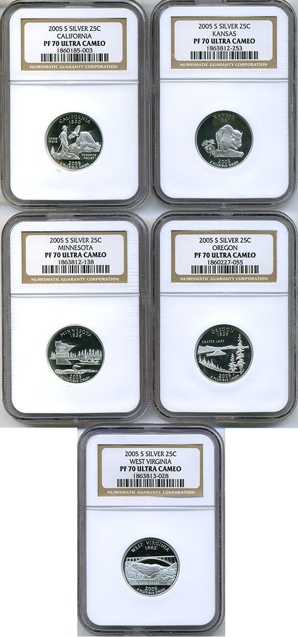image for: 2005-S 25c State Quarters Proof Set - Silver (5 coins) NGC Proof 70 UCameo