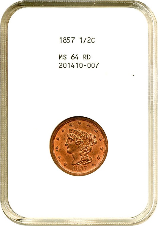 image for: 1857 1/2c  NGC MS64 RD