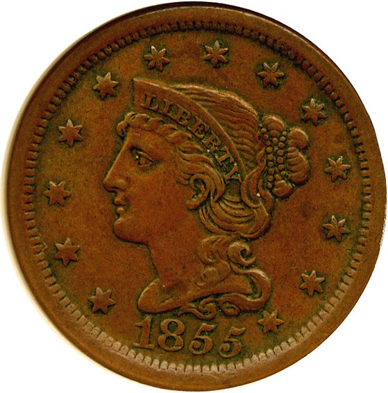 image for: 1855 1c Slanted 55 NGC AU58 BN