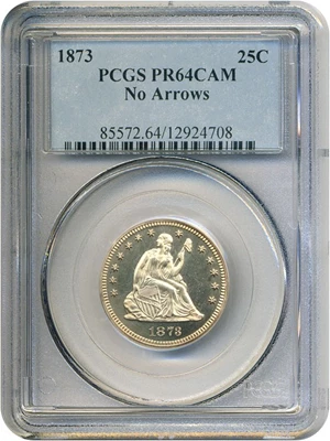 image for: 1873 25c No Arrows PCGS Proof 64 Cameo