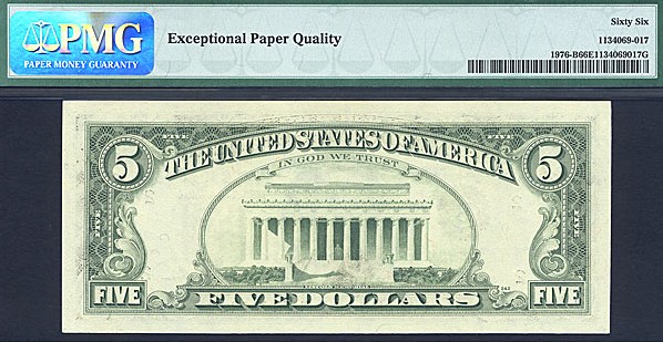 image for: Fr.1976B 1981 $5 Dark Green Seal PCGS Gem CU66 EPQ New York [B67392984B] *Error-Doubled 1st Print* 