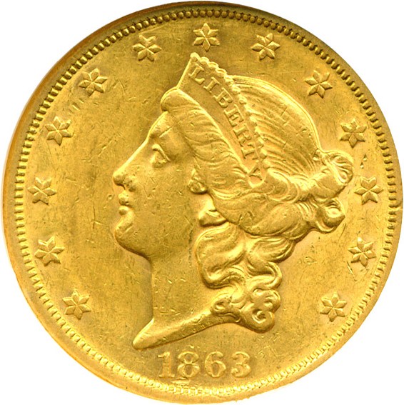 image for: 1863-S $20  NGC AU55