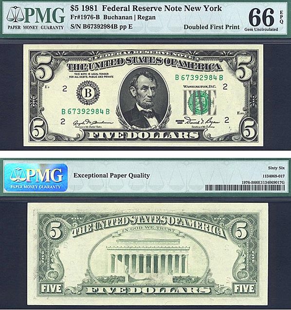 image for: Fr.1976B 1981 $5 Dark Green Seal PCGS Gem CU66 EPQ New York [B67392984B] *Error-Doubled 1st Print* 