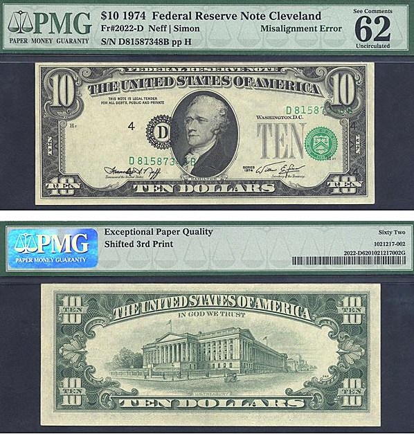 image for: Fr.2022D 1974 $10 Dark Green Seal PCGS CU62  [D81587348B] *Error - Misalignment*