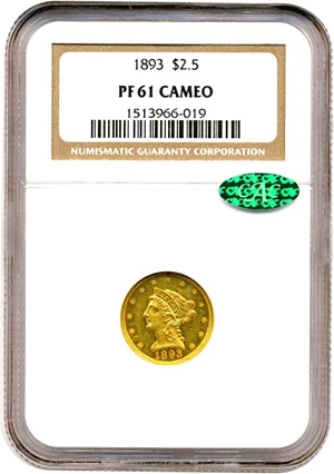 image for: 1893 $2 1/2 NGC/CAC Proof 61 Cameo