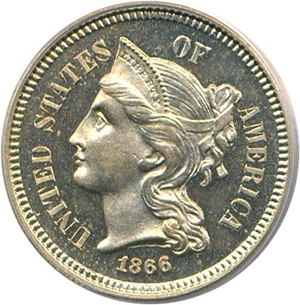 image for: 1866 3cN PCGS Proof 65 Cameo