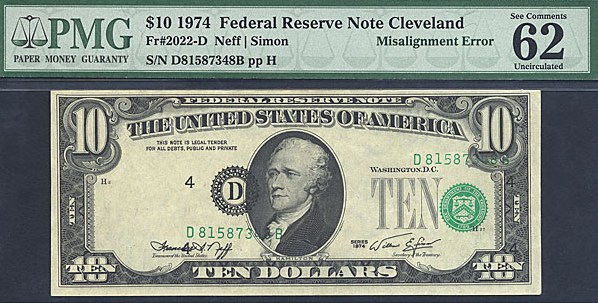 image for: Fr.2022D 1974 $10 Dark Green Seal PCGS CU62  [D81587348B] *Error - Misalignment*