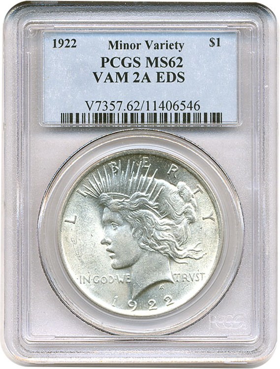 image for: Top 50 VAM: 1922 $1 VAM 2A  Earring PCGS MS62 