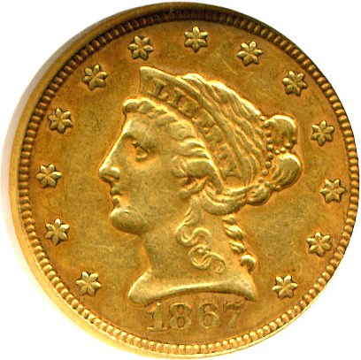 image for: 1867-S $2 1/2  NGC/CAC AU55 