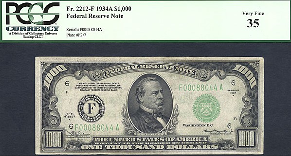 image for: Fr.2212F 1934A $1,000  PCGS VF35  [F00088044A]
