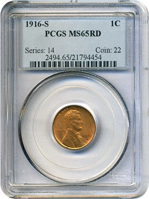 image for: 1916-S 1c PCGS MS65 RD