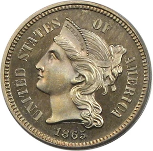 image for: 1865 3cN PCGS/CAC Proof 66 Cameo ex: J E U