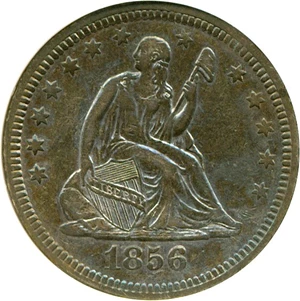 image for: 1856 25c Briggs-8F, Doubled Die Obv, RPD DGS AU50 (Cleaned and Retoned, Environmental Damage)