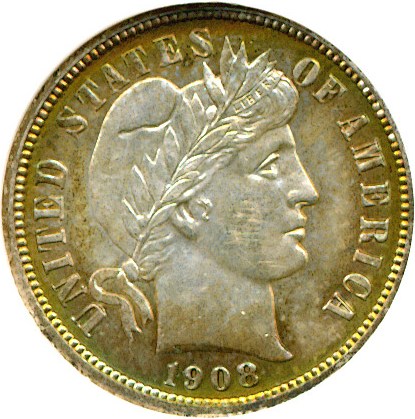 image for: 1908-O 10c Repunched Date DGS MS63  (Cleaned and Retoned, Light Scratch Obverse)