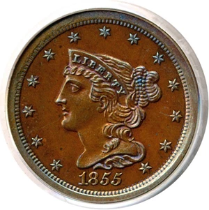 1855 Braided Hair Half Cent Early Copper Half Penny Coin Value Prices,  Photos & Info