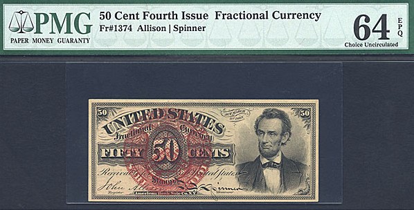 image for: Fractional Currency: Fr.1374  50-Cent Lincoln PMG Choice CU64 EPQ