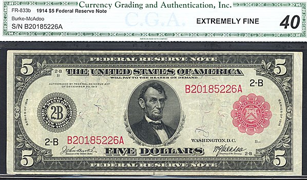 image for: Fr.833b 1914 $5 Red Seal CGA XF40  [B20185226A]