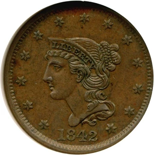 image for: 1842 1c Large Date NGC AU58 BN (N-8) Ex: Jules Reiver