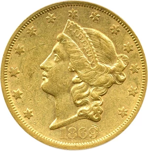 image for: 1869-S $20 PCGS AU50