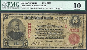 image for: 1902 $5 Red Seal F&M NB of Onley, VA PMG VG10 (Fr.587, Ch #7258)