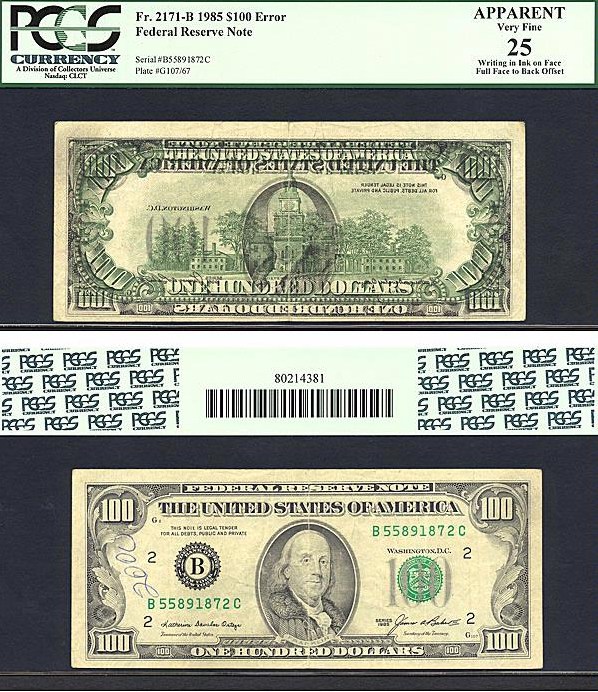 image for: Fr.2171B 1985 $100  PCGS Apprarent VF25  [B55891872C] *Error - Full Face to Back Offset*