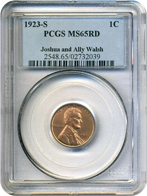 image for: 1923-S 1c PCGS MS65 RD ex: Joshua and Ally Walsh