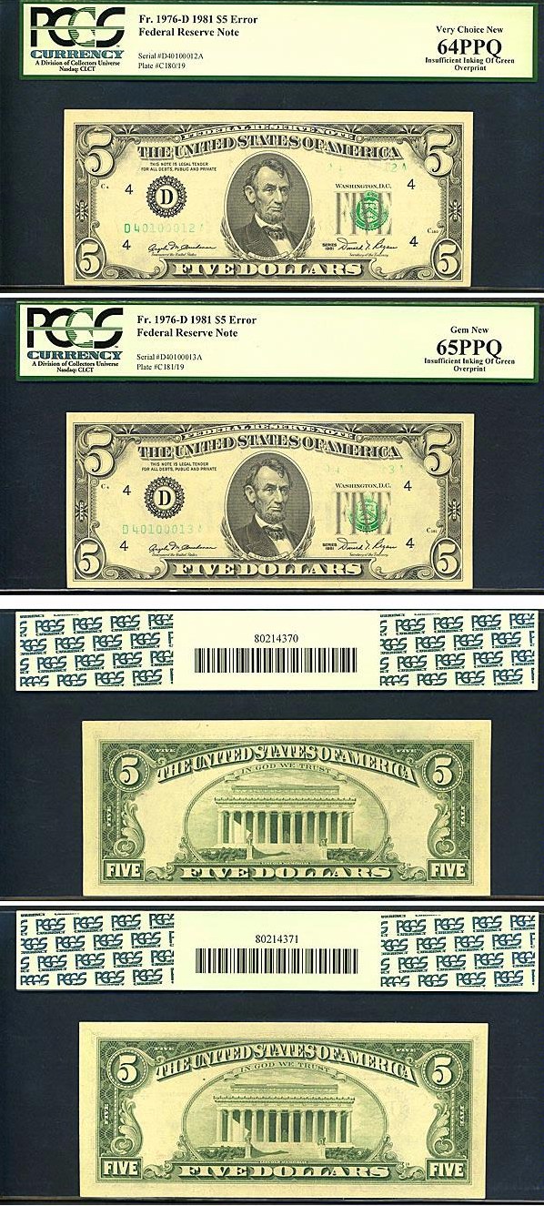 image for: Fr.1976D (Set of 2) 1981 $5 PCGS Choice CU64PPQ  [D4010012A-13A] *Error - Insufficient Inking* 