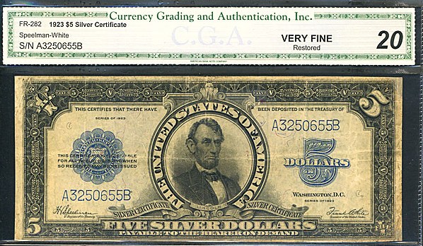 image for: Fr.282 1923 $5 Porthole CGA VF20 Restored [A3250655B]