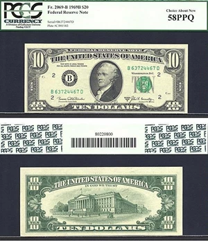 image for: 1969B $10 PCGS AU58 PPQ (Fr.2020B, BD Block)