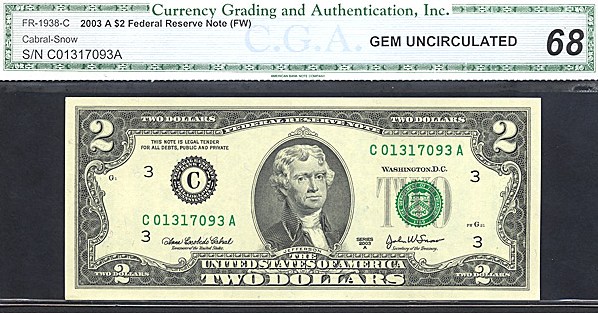image for: Fr.1938C 2003A $2 Ft. Worth, TX CGA Gem CU68  [C01317093A]