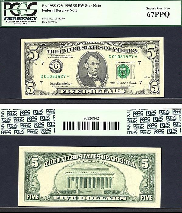 image for: Fr.1985G 1995 $5 Fort Worth, TX PCGS Gem CU67 PPQ  [G01081527] *Star* 