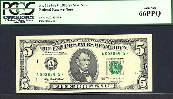 image for: Fr.1984A 1995 $5 Washington, DC PCGS Gem CU66 PPQ  [A00385449] *Star* 