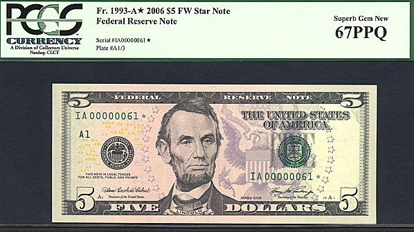 image for: Fr.1993A 2006 $5 Fort Worth, TX PCGS Gem CU67 PPQ  [IA00000061] *Star - 2 Digit Serial Number*